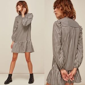 WHISTLES Gingham Dress Long Sleeve Ruffle Hem Five Front Buttons Band Collar